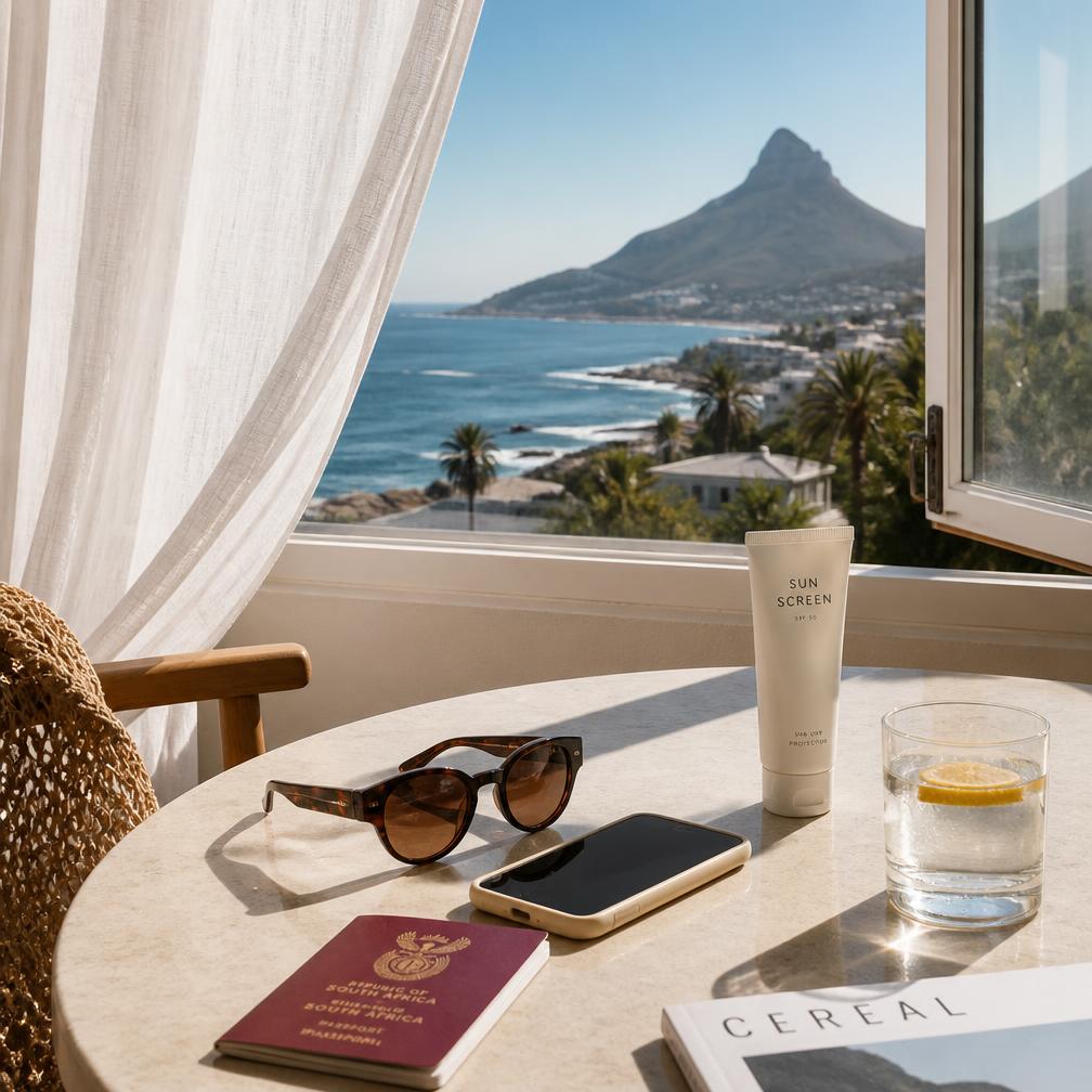 Holiday apartment table with sunscreen, sunglasses and a passport above the Atlantic