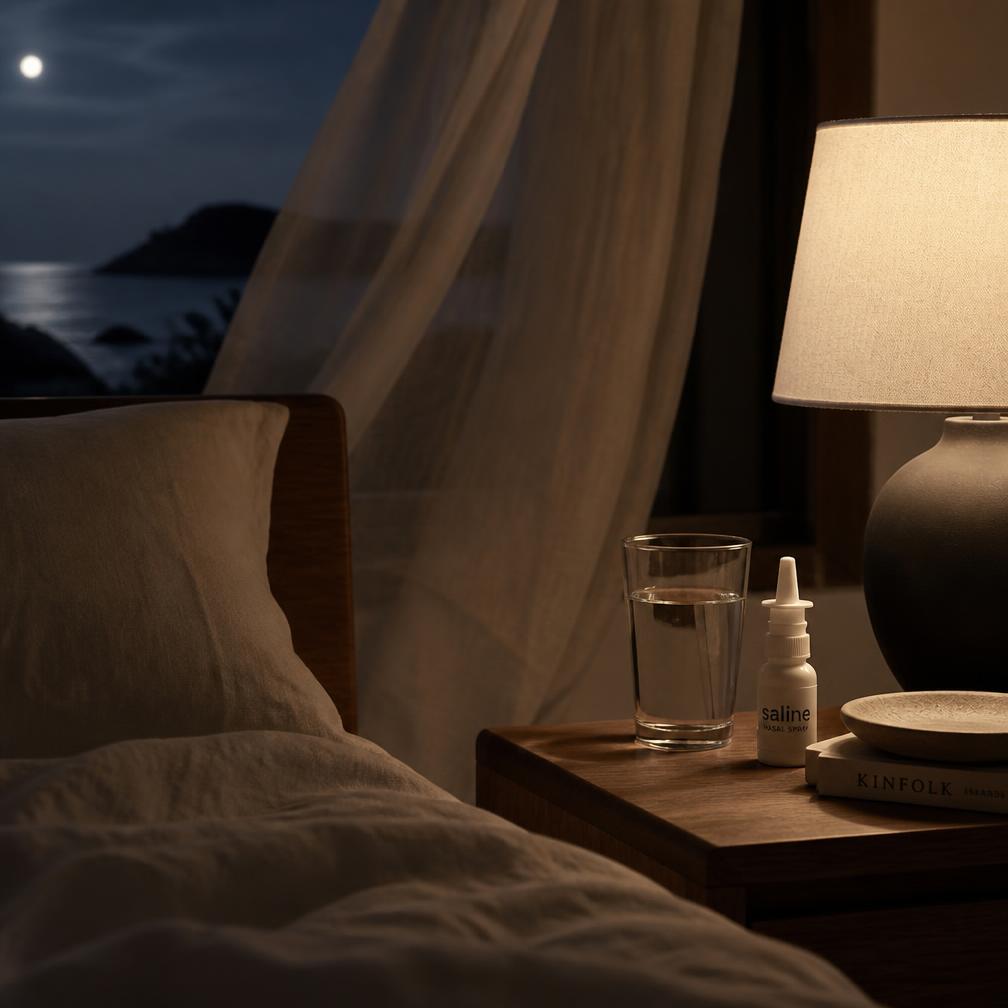 Quiet bedside with a glass of water and saline spray on a windy coastal night