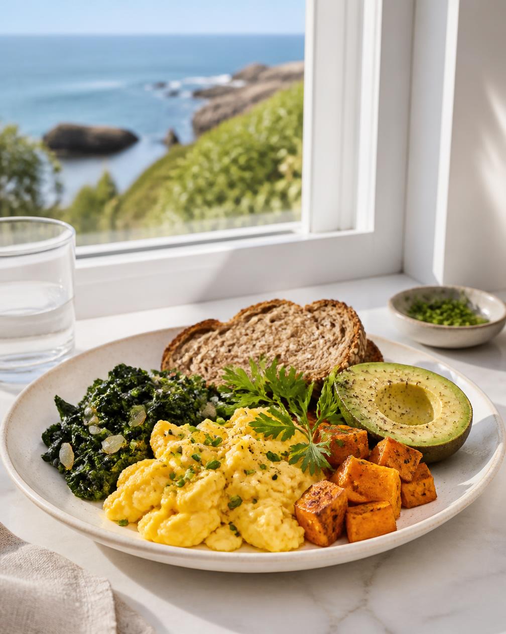 A cooked September breakfast plate of eggs, greens, sweet potato and avocado by the sea