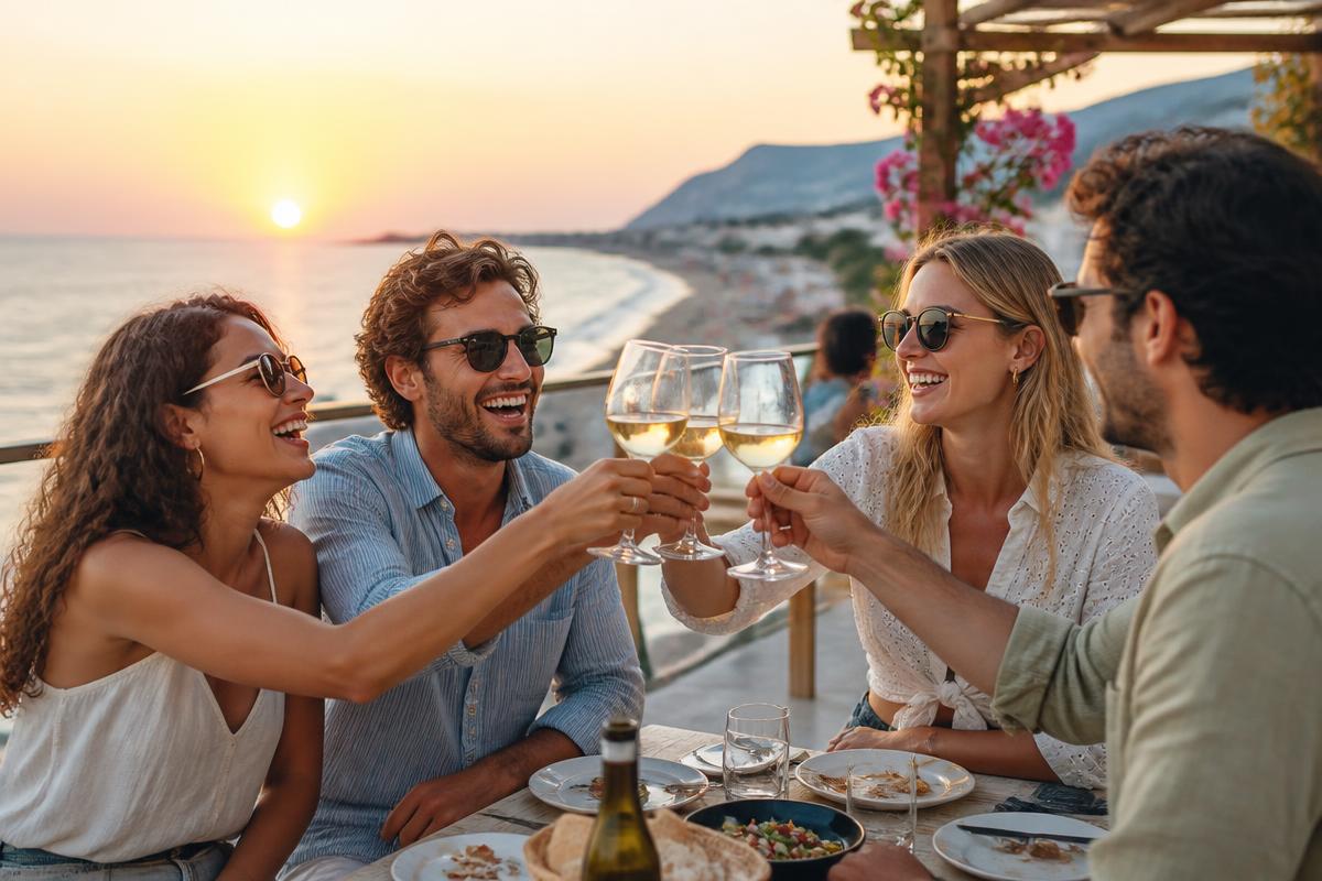 Friends laughing and clinking glasses on a seaside terrace at sunset