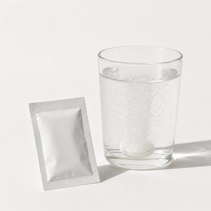 Effervescent rehydration sachet and a glass of water
