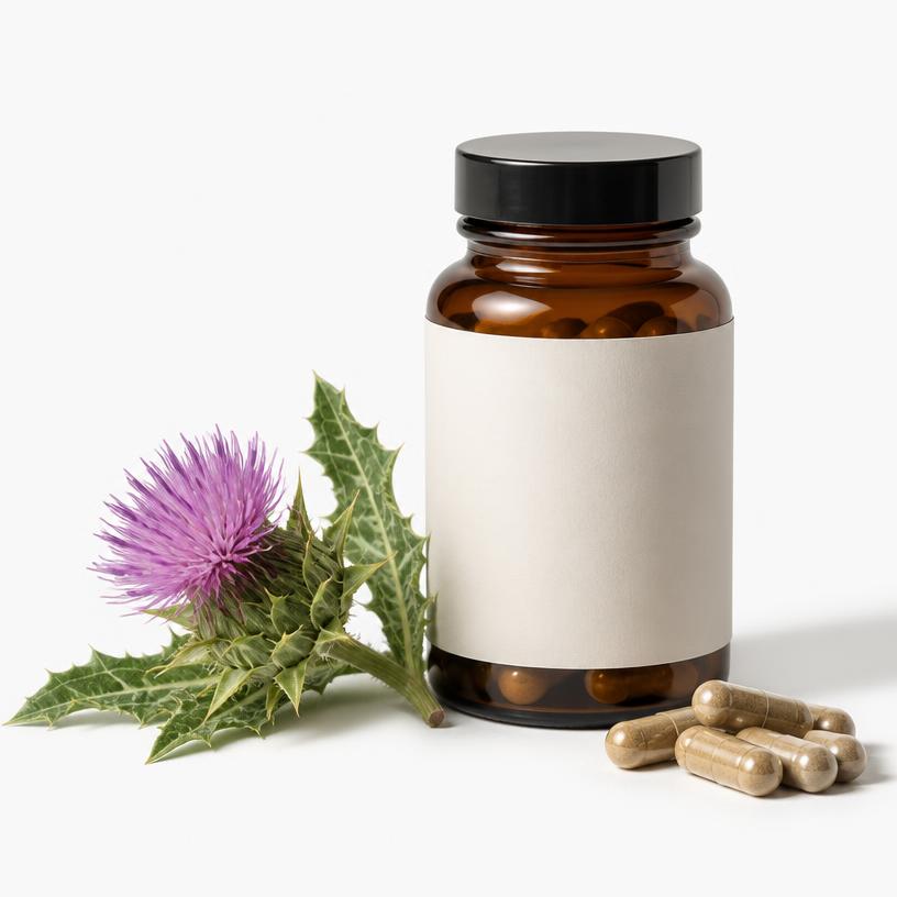 Amber supplement bottle beside a milk thistle flower